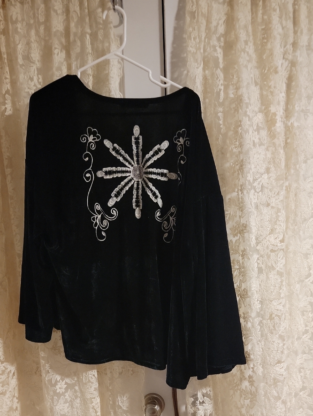 Dark Green Velvet Embroidered Women's Top - Open Cardigan